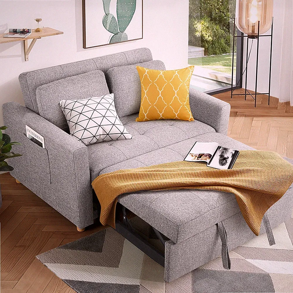 3-in-1 Convertible Pull Out Sleeper Sofa Bed with Storage Pockets & 2 Pillows US