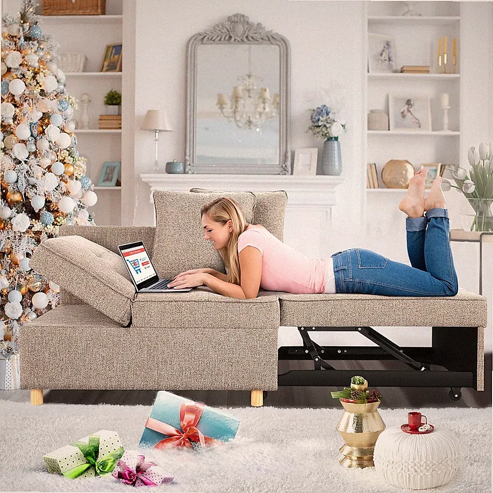 4-in-1 Convertible Chair Sofa Bed 2 Throw Pillow Single Recliner for Small Space