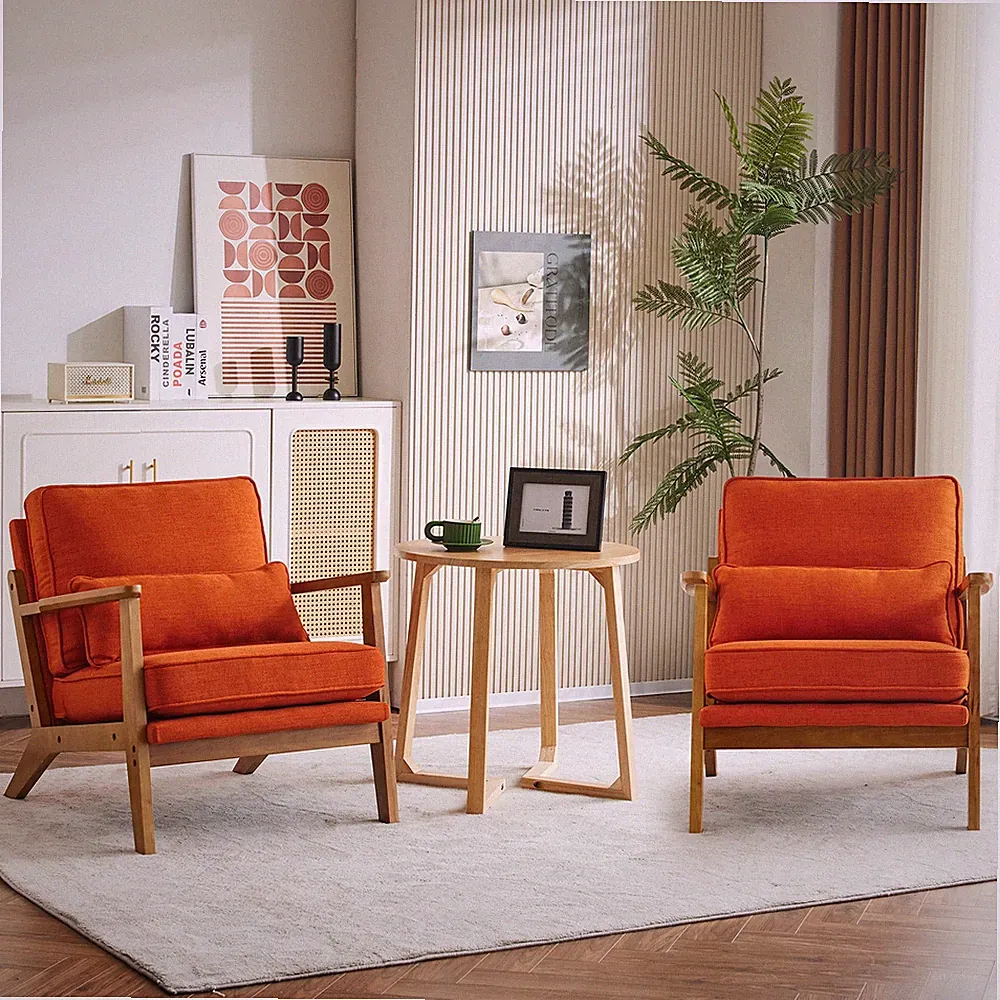 Accent Chair Wide Armrest Mid-Century Lounge Chair Linen Fabric Armchair Orange