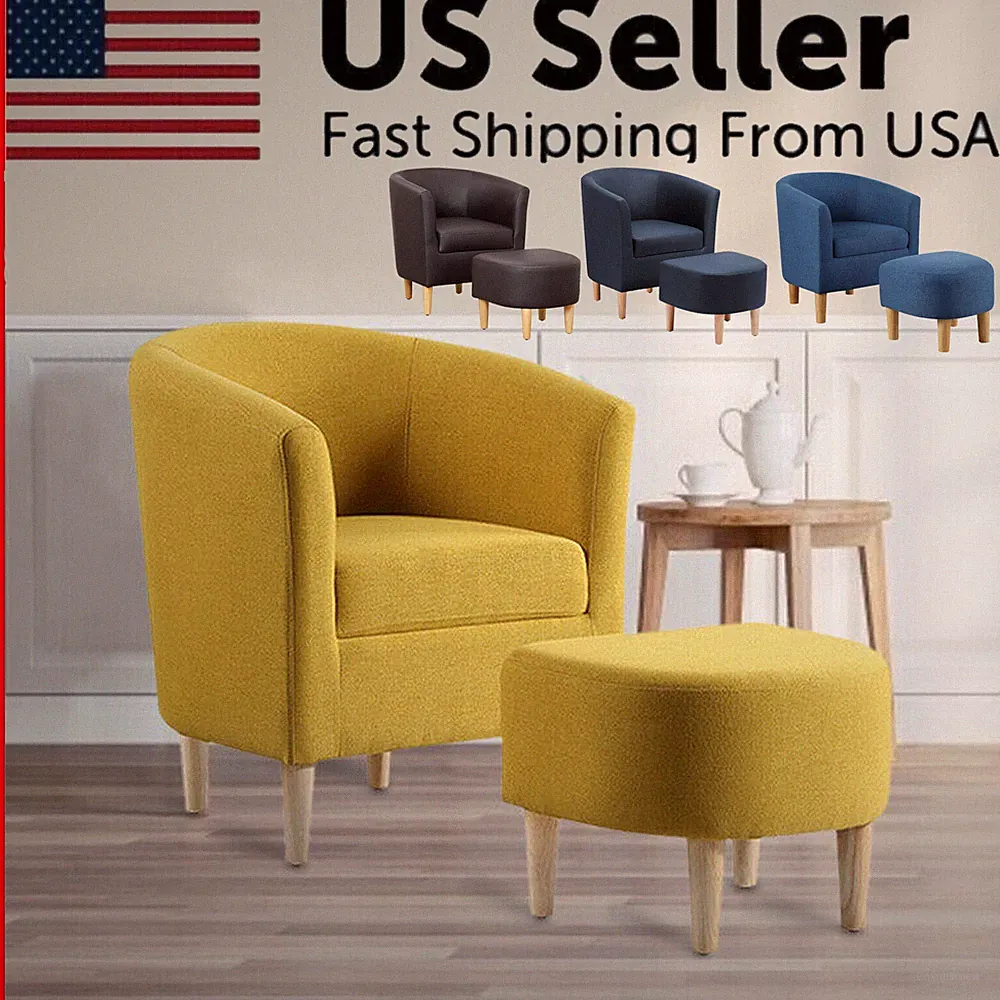 Faux Leature Upholstered Armchair Arched Back Linen Blend Accent Sofa W/ottoman