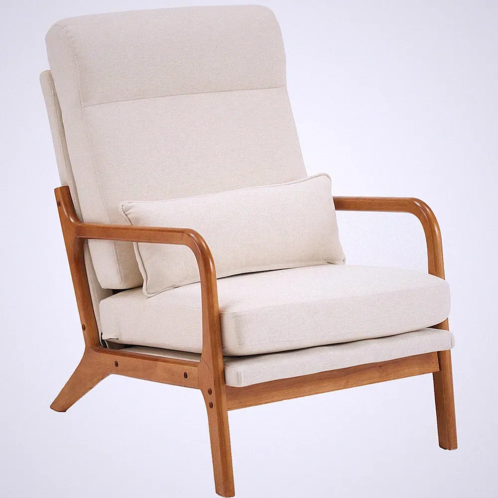 High Back Solid Wood Armrest Backrest Iron Frame Linen Indoor Leisure Chair Off
