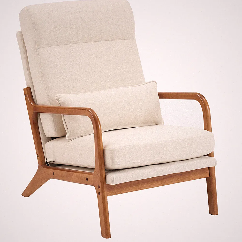 High Back Solid Wood Armrest Backrest Iron Frame Linen Leisure Chair Off-White