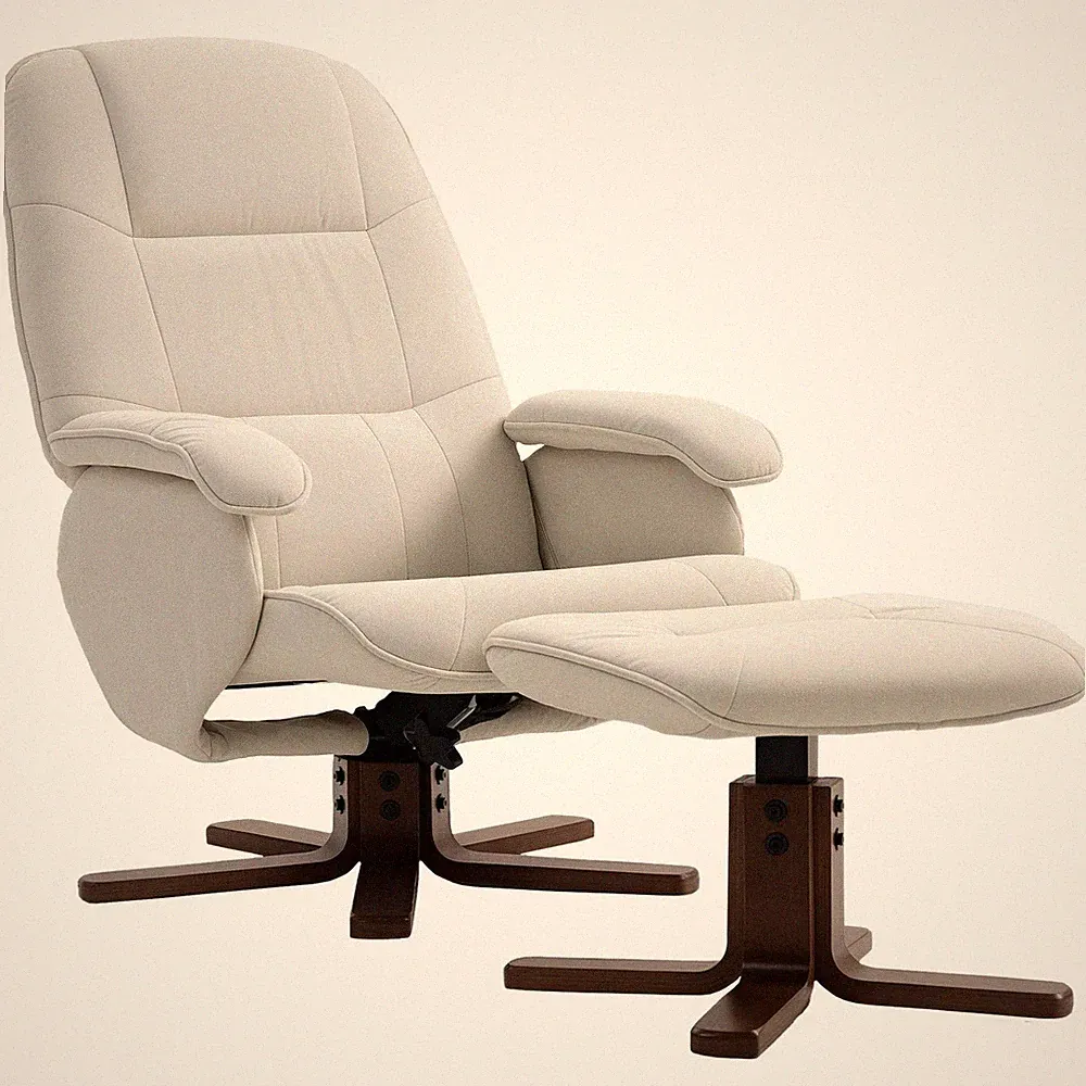 Linen Swivel Recliner Chair with Footstool, Upholstered Reclining Armchair with