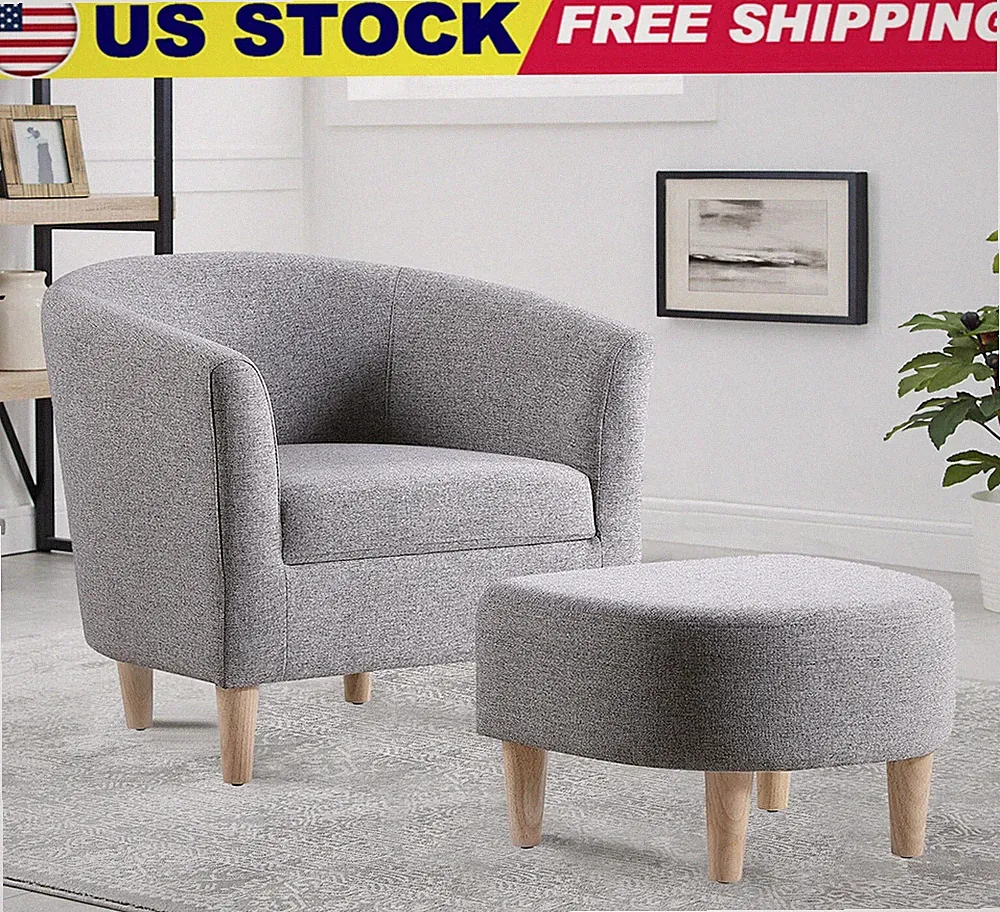 Modern Lounge Chair Curve Back Ottoman Accent Sofa Linen Fabric Upholstered Cozy