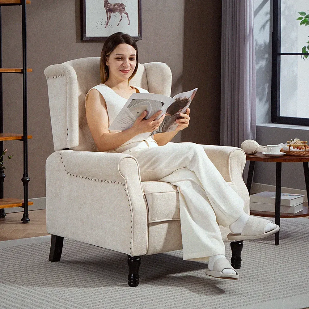 Recliner Armchair Beige Linen-look 76x88x101cm Wooden Frame Tufted Retro Comfort