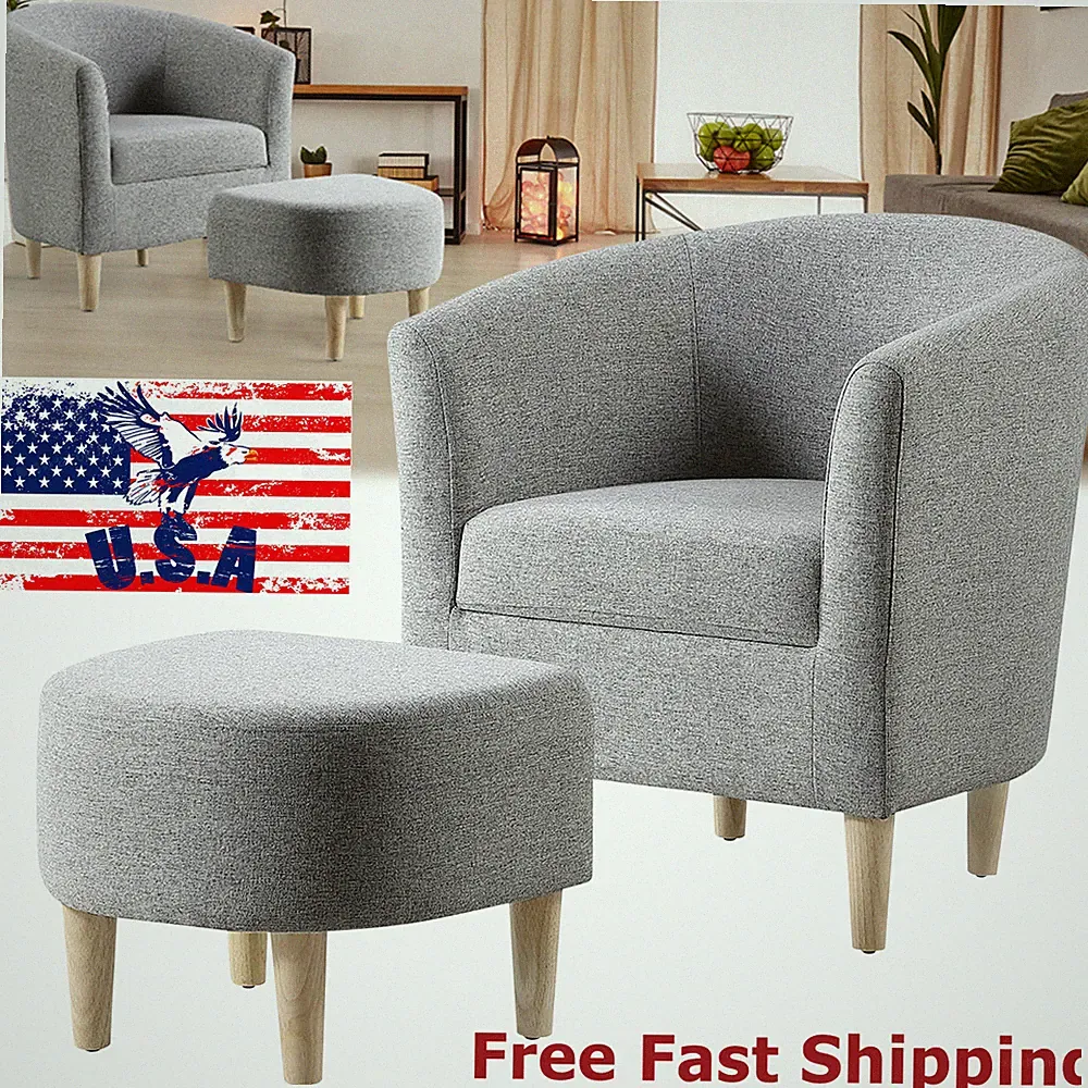 Upholstered Arched Back Sofa Linen Blend Club Comfy Accent Armchair w/ottoman